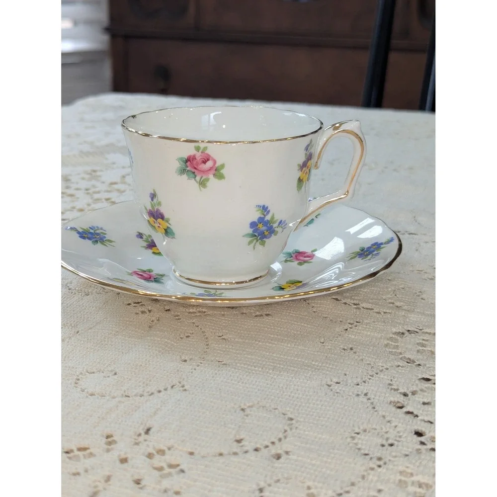 Vintage Tea Cup and Saucer Set White Floral Crown Staffordshire Gold